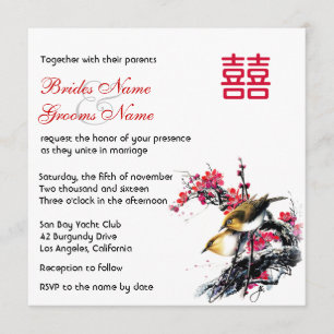 Aquarell-Blumen-Liebesvögel Chinesisch Xi Hochzeit Einladung