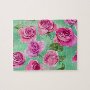 Aquarell-Blumen mit rosa Rosen Puzzle