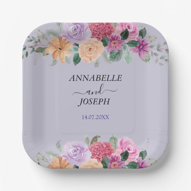 Aquarell Blumen Moderne Botanische Hochzeit Pappteller (Vorderseite)