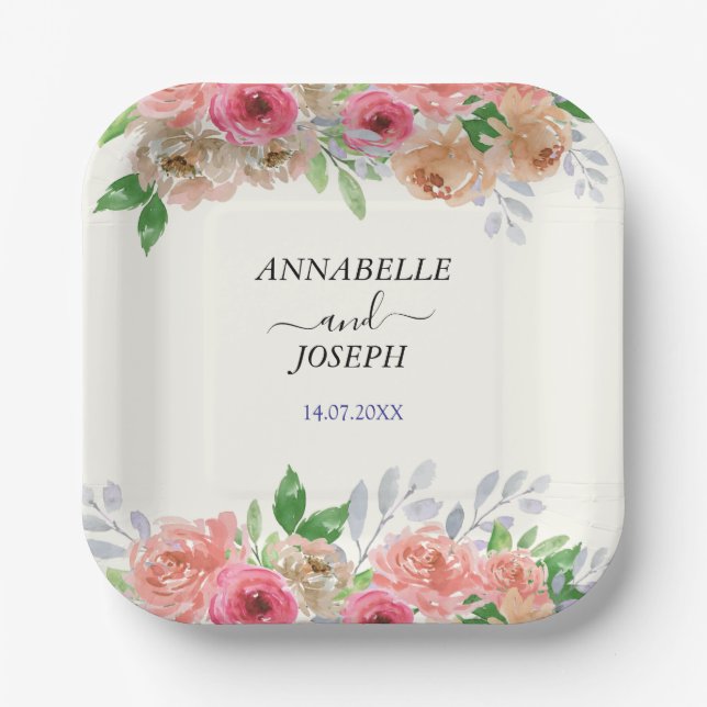 Aquarell-Blumen Moderne Botanische Hochzeit Pappteller (Vorderseite)