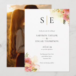 Aquarell-Blumen-Monogramm-Foto-Hochzeit Einladung