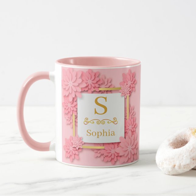 Aquarell-Blumen-Monogramm I Individuelle Gold-Init Tasse (Mit Donut)