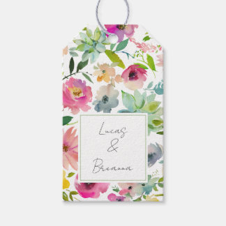Aquarell-Blumen NAME & NAME Hochzeit Farbige Geschenkanhänger