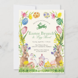 Aquarell-Blumen-Oster-Brunch-Ei-Hase-Teekanne Einladung