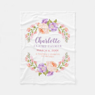 Aquarell-Blumen-Personalisierte Baby-Geburtsstatis Fleecedecke