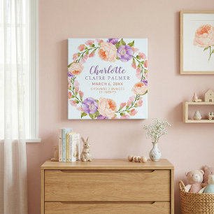 Aquarell-Blumen-Personalisierte-Baby-Geburtsstatis Leinwanddruck