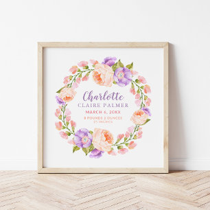 Aquarell-Blumen-Personalisierte-Baby-Geburtsstatis Poster