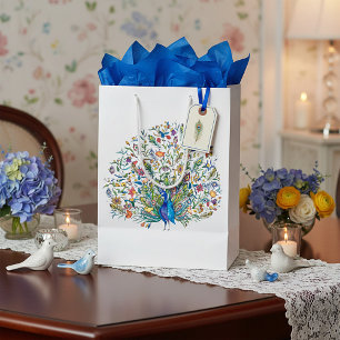 Aquarell-Blumen-Pfau  Mittlere Geschenktüte