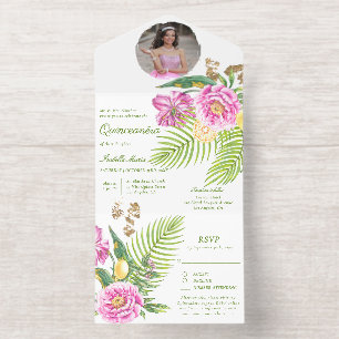 Aquarell-Blumen-Pfingstrosen-Foto Quinceañera All-in-One-Einladung