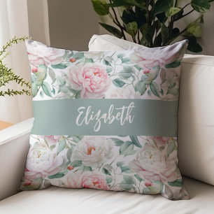 Aquarell-Blumen-Pfingstrosen-Schriftname Rosa Grün Kissen