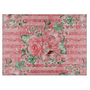 Aquarell Blumen Pink Rosen & Glitterstreifen Schneidebrett
