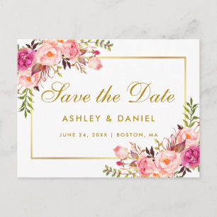 Aquarell-Blumen Pink Röte Gold Save The Date Ankündigungspostkarte