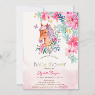 Aquarell Blumen Pony Pferd Babyparty Einladung
