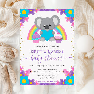 Aquarell Blumen Regenbogen Koala Babyparty Einladung