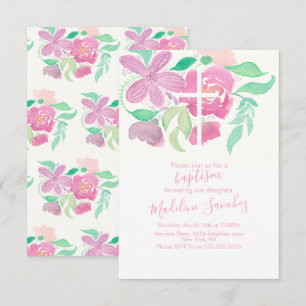 Aquarell-Blumen Rosa Handbemalt Taufe   Einladung