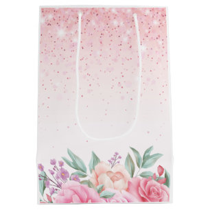 Aquarell Blumen Rosa Hauch Rosa Glanz Glitter Mittlere Geschenktüte