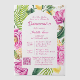 Aquarell-Blumen-Rosa Pfingstrosen QR-Code Quinceañ