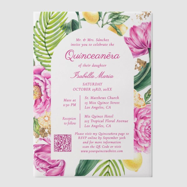 Aquarell-Blumen-Rosa Pfingstrosen QR-Code Quinceañ (Vorderseite)