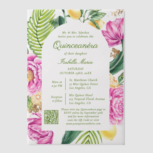 Aquarell-Blumen-Rosa Pfingstrosen QR-Code Quinceañ (Vorderseite)