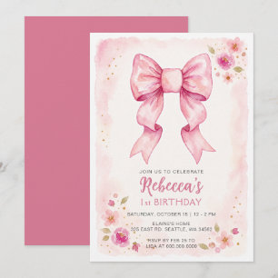 Aquarell-Blumen-Rosa-Schleife-Coquette-Geburtstag Einladung
