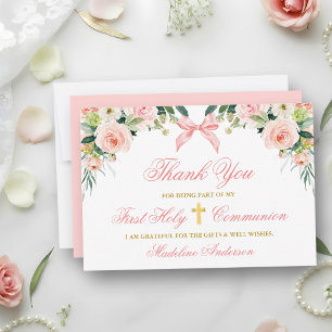 Aquarell-Blumen-Rosa-Schleife-Gold-Erstkommunion Dankeskarte
