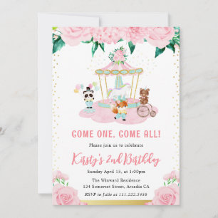 Aquarell-Blumen-Rosa-Zirkustiere Geburtstag Einladung