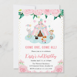 Aquarell-Blumen-Rosa-Zirkustiere Geburtstag Einladung