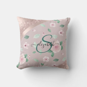Aquarell-Blumen Rose Gold Monogramm Kissen