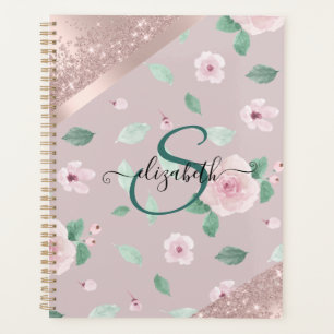 Aquarell-Blumen Rose Gold Monogramm Planer