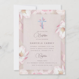Aquarell Blumen-Rosen-Mädchen-Taufe Silbernes Kreu Einladung