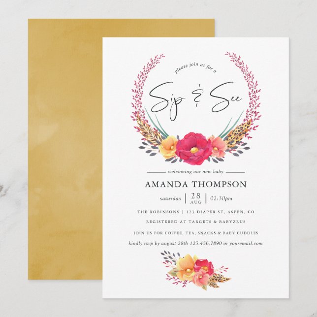 Aquarell-Blumen-Safari-Sip-and-See-Einladung Einladung (Vorne/Hinten)