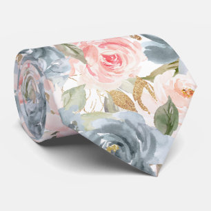 Aquarell Blumen Schieferblau Rosen Blushrosa Krawatte