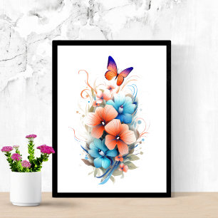 Aquarell Blumen Schmetterlinge Blau Orange Poster