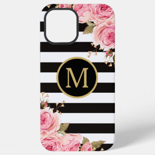 Aquarell-Blumen Schwarz-Weiß-Streifen Monogramm iPhone 12 Pro Max Hülle