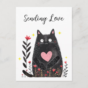 Aquarell-Blumen-Schwarze Katze und Herz sendet Lie Postkarte