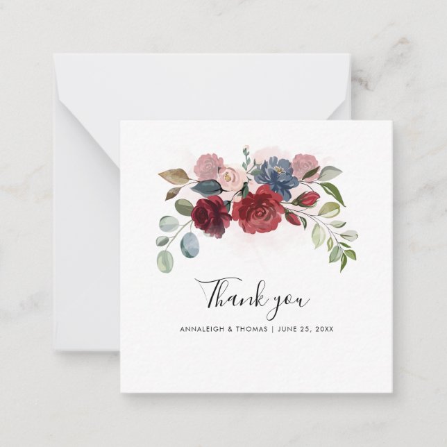Aquarell-Blumen-Script-Hochzeit Danke Mitteilungskarte (Vorderseite)