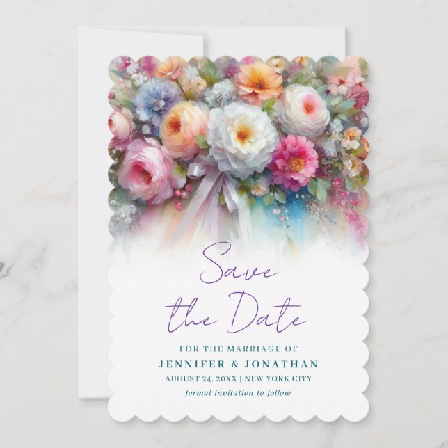 Aquarell-Blumen-Script-Sparen-Sie-das-Datum-Skalop Save The Date (Vorderseite)