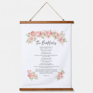 Aquarell-Blumen-Seligpreisungen-Schrift in Rosa Wandteppich Mit Holzrahmen