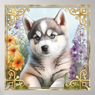 Aquarell-Blumen-Sibirischer Husky mit Goldrahmen Poster