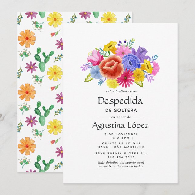 Aquarell-Blumen-Spanische-Fiesta-Junggesellinnenab Einladung (Vorne/Hinten)
