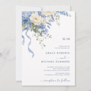 Aquarell-Blumen-Staubblau-Hochzeit Einladung