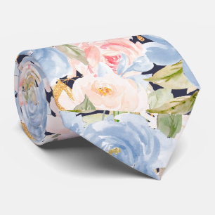 Aquarell-Blumen Staubblau Staubrosa Rosen   Krawatte
