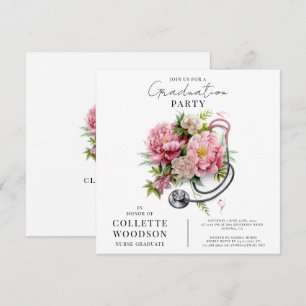 Aquarell-Blumen-Stethoskop-Nurse-Abschluss Einladung