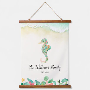 Aquarell-Blumen-Strand-Seepferdchen Personalisiert Wandteppich Mit Holzrahmen