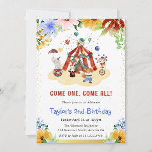 Aquarell Blumen Süße Zirkustiere Geburtstag Einladung