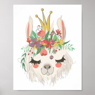 Aquarell Blumen Süßes Lama Gesicht Poster