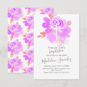 Aquarell-Blumen-Taufe Lila Baby-Einsegnung   Einladung