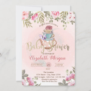 Aquarell-Blumen-Teekanne Babyparty Einladung