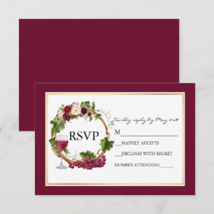 Aquarell-Blumen-Trauben-Kranz Burgunder Hochzeit RSVP Karte