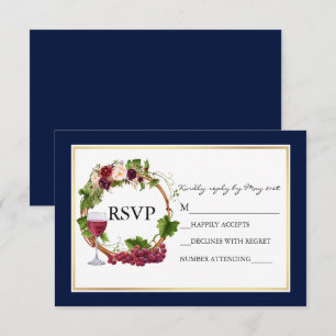 Aquarell-Blumen-Trauben-Kranz-Hochzeit Blau RSVP Karte